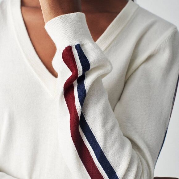 Faherty Sconset Organic Cotton Cashmere V Neck Old Money Sweater Ivory Stripe S - Picture 12 of 12